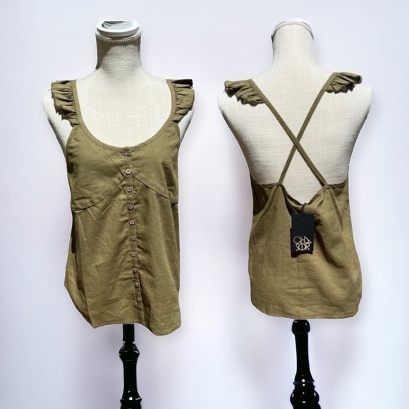 🌻NEW (w/tag) Chaser Olive Green Criss-Cross Ruffle Sleeveless Blouse Size M - Picture 1 of 8